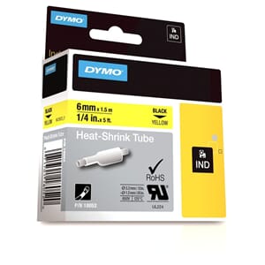 DYMO TAPE RHINO 6MMx1,5M KRYMPESTRØMPE SORT PÅ GUL